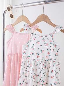 SHEIN Genkimix Kids 2件組少女花卉印花荷葉袖A字鬆緊腰洋裝，休閒日常、海灘、度假、夏季適用 - 淺粉色 - 查看 7