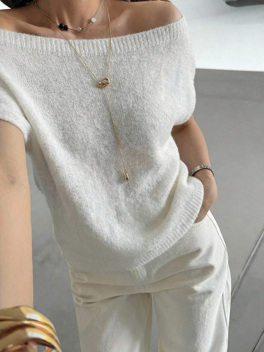 DAZY Áo len nữ tay ngắn hở vai thanh lịch - trắng - Xem 1