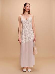 lacRébo Vestido maxi de dos telas con busto estampado y bajo asimétrico de gasa, estilo francés primavera-verano, estilo parisino, vestido de noche de verano, vestido lindo para vacaciones - Albaricoque - Ver 5