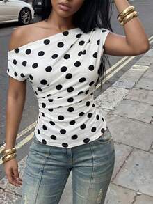 Slaydiva Polka Dot Top  New Spring, Spring And Summer Music Festival, Valentine's Day, Easter, Wedding Season, Holiday Season, Casual And Elegant, Commuting, Daily Wear, Work Wear, Vacation, Party, Cruise, Party, Basic, Daily Date, Off-The-Shoulder, Sleeveless, Waist, Inverted Pleated And Reduced Pleated Design, White Base, Black Polka Dot Top, T-Shirt, Knitted Women's Top -Z - Black and White - View 4