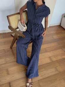 Vivie Lora Women's Denim Effect Vest And Striped Pants 2 Pieces Set Summer Lounge Sets For Women - Blue - View 6