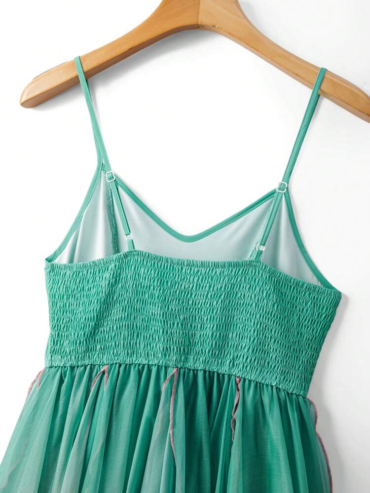 GlowEve Vestido Longo Elegante e Fluido com Alças Finas, Decote em V, Efeito Degradê Verde a Rosa, Cintura Franzida, Camadas Irregulares em Tule e Chiffon, Ideal para Uso Diário, Férias, Festivais de Música, Encontros, Estilo Retrô e Doce, Novidade de Verão - Multicolorido - Visão 4