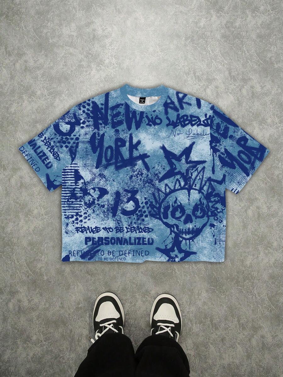 Manfinity Roghcode Men's Loose Fit Graphic Print Cropped T-Shirt - Blue - View 1