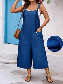 EMERY ROSE Plus Size Women Solid Color Drawstring Pocket Decor Straight Jumpsuit - Blue - View 3