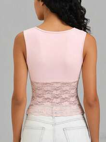 SHEIN Unity Blusa tank top rosa sexy para mujer con encaje y detalles ahuecados - Rosa - Ver 2