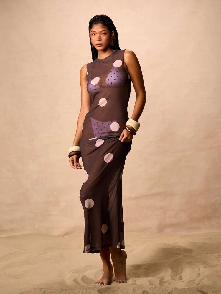 Polka Dot Sheer Sleeveless Maxi Dress