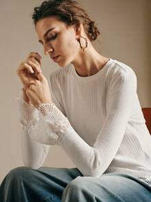 SHEIN Unity Women's White Ribbed Knit Long Flare Sleeve T-Shirt With Contrast Lace Trim And Round Neck Casual Regular Fit Top - White - View 7
