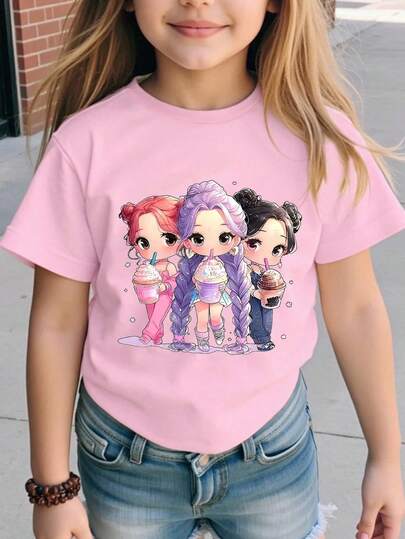 Baby Girls' Casual Comfortable Cute Cartoon Ice Cream Girl Print K-POP Graphic Tee, Suitable For Spring/Summer Daily Wear And