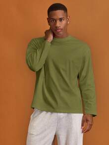 Musero Men Oversized Crewneck Long Sleeve Basic Plain T-Shirt Capsule Wardrobe Layering Spring&Summer - Green - View 4