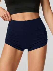 SHEIN Tall Ladies' Solid Color Ruched Biker Shorts, Summer Biking,Yoga Sports - Navy Blue - View 4