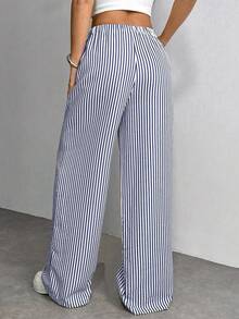 SHEIN PETITE 女士休闲通勤条纹阔腿裤 - 藍色 - 查看 2