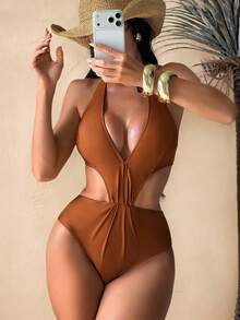 SHEIN Swim 焦糖色高光泽面料腰部镂空露背吊带连体泳衣，侧边褶皱开衩裙摆，春夏款 - 橘色 - 查看 4