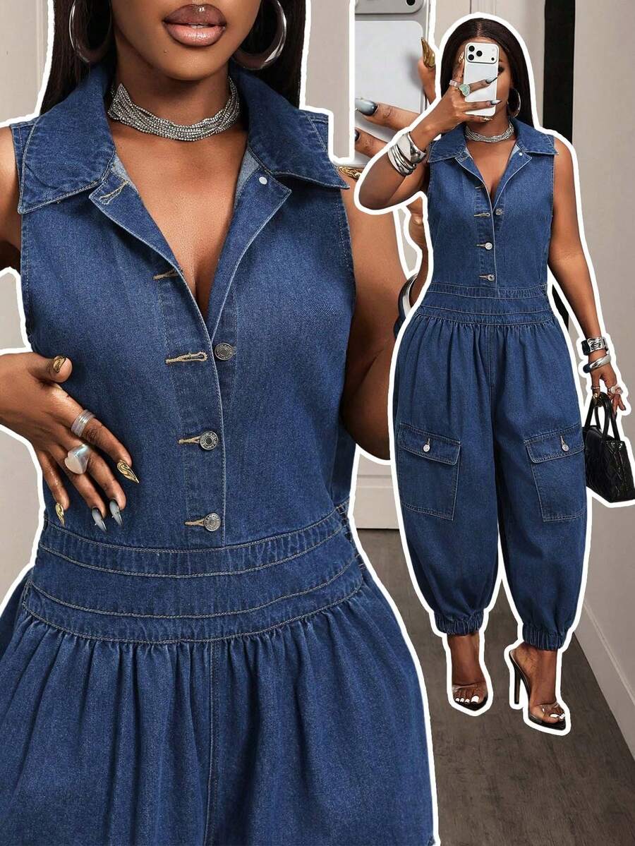 BamGleam Bộ jumpsuit denim không tay màu trơn tối giản dành cho nữ, trang phục thường ngày thoải mái. - Rửa tối - Xem 1