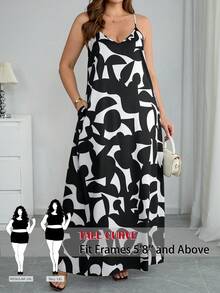 SHEIN Tall CURVE 大码女式夏季休闲度假风印花开衩口袋吊带裙 - 黑與白 - 查看 1
