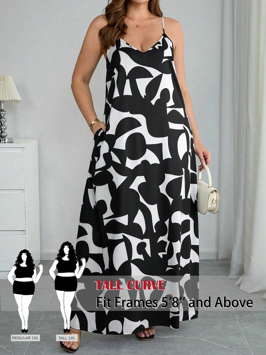 SHEIN Tall CURVE 大码女式夏季休闲度假风印花开衩口袋吊带裙 - 黑與白 - 查看 1