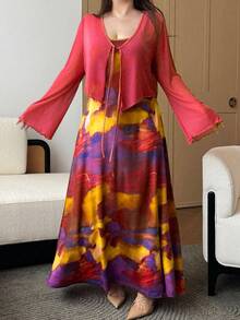 Flirla Set 2 Potong Gaun Terusan Tie-Dye Wanita Ukuran Plus untuk Musim Gugur - MultiWarna - View 3