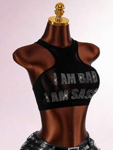 Amplova Y2K性感女士紧身无袖网纱水钻装饰露脐上衣，适合音乐节和摇滚装扮，纯黑色 - 黑與白 - 查看 12