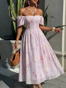 DAZY French Floral Print Elegant Ruffle Collar Short Sleeve Dress For Women Summer Easter Maxi Dress Sundress - Mauve Purple - View 5