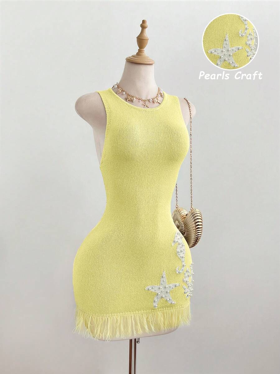 Elamini Women's Sexy Fashion Faux Pearl Decorated Sweater Dress - Yellow - View 1