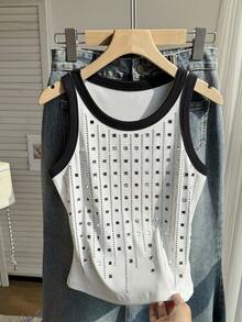 Resyla Camiseta holgada casual de mujer con cuello redondo, bloque de color y adornos de diamante de imitación - Blanco - Ver 7