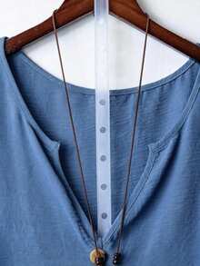 Linhara Plus Size V-Neck Short Sleeve Casual Shirt With Wooden Buttons, Suitable For Casual Outings And Commuting - Blue - View 3