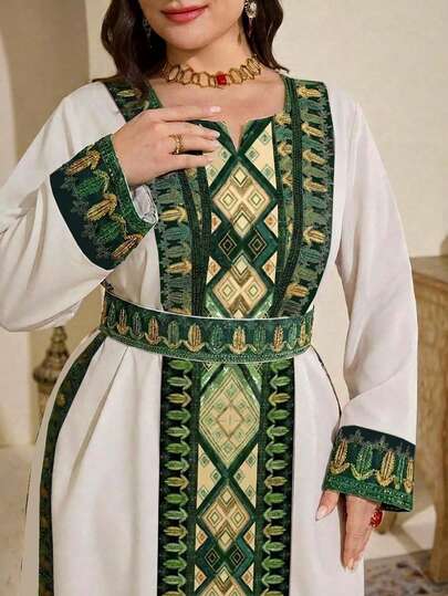 Al Najma Plus Size Women's Spring/Autumn Geometric Print Cut-Out Neck Belted Arabic Style Dress