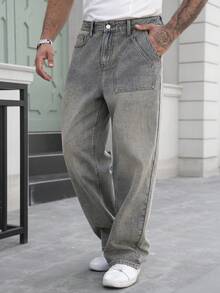 Manfinity Homme Quần jeans nam ống đứng màu xanh dương kiểu retro thường ngày - Rửa nhẹ - Xem 3