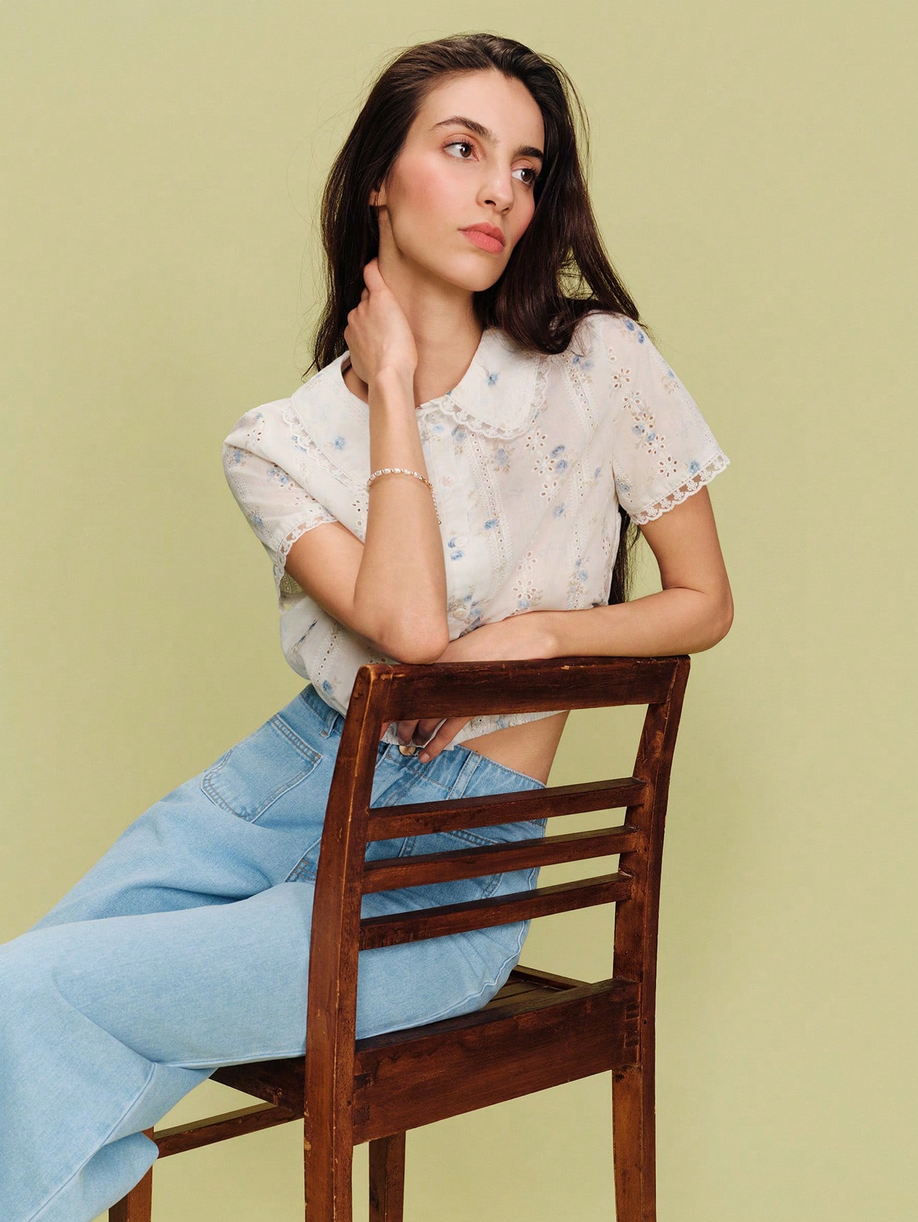 White Floral Embroidered Blouse With Peter Pan Collar Office Top Cute Top Vacation Top Spring Summer Holiday Top French Style Parisian Style