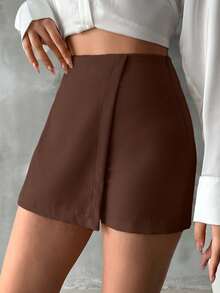 EURMUSE Women's Solid Color Wrap Around Casual Skirt - Coklat - View 5
