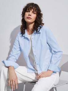 BizChic 女士休闲翻领长袖衬衫，基础都市通勤风格，简约优雅时尚商务休闲装，适合教师和办公室穿着，秋季款 - 藍色 - 查看 6