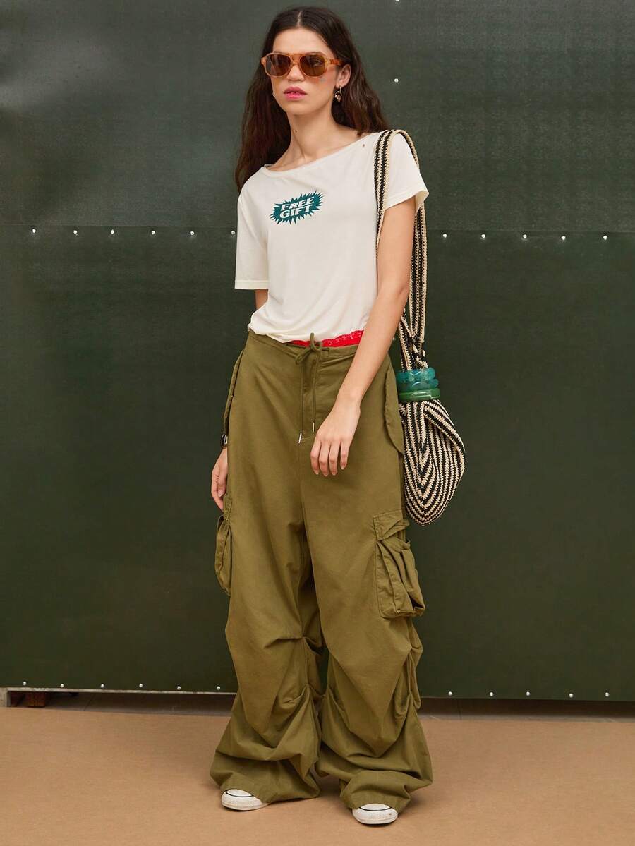 COUREZ 露肩短袖T恤，正面印花 / Y2K 夏季女装，夏季女装，露肩上衣，短袖上衣，音乐节服装，演唱会服装，春季女装 - 白色 - 查看 1