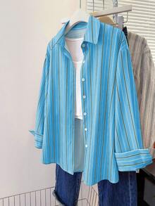 INAWLY Áo sơ mi dài tay kẻ sọc kiểu dáng thường ngày dành cho nữ. - Màu xanh lam - Xem 3