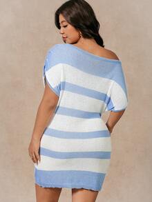 Juhart 女士蓝白条纹系带休闲毛衣连衣裙 - 藍色 - 查看 2