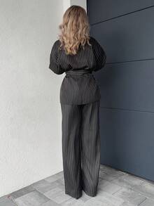 Jeta Ari 女士条纹裹身休闲和服套装，优雅办公室/通勤两件套西装，黑色，秋冬办公室警笛套装 - 黑色 - 查看 2