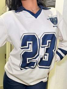 Natali Santanap 女式休闲 Polo 领数字印花落肩长袖上衣 - 彩色 - 查看 3