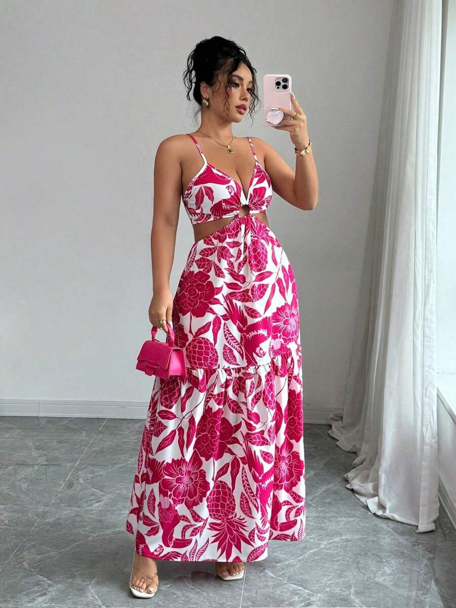 Elenzga Women's Floral Printed Waist-Cinched Maxi Dress,Red And White Summer Beach Vacation Holiday Outfits,Daily Wear Commuting Midi Dress Vacay Outfit - Hot Pink - View 1
