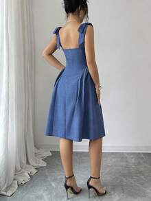 Elenzga Đầm ngắn nữ trẻ trung, thanh lịch, đa năng, kiểu dáng buộc dây vai, dệt hai tông màu, ôm sát, chất liệu vải dệt, thích hợp cho công sở. - Màu xanh lam - Xem 2