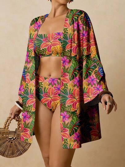 Travachic Kimono de talla grande para mujer con estampado de plantas tropicales, adecuado para vacaciones en la playa, verano