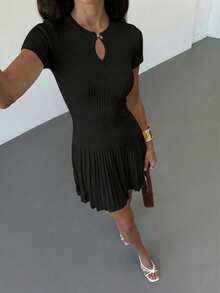 Aloruh Vestido de línea A de punto beige elegante y minimalista para uso diario de mujer - Negro - Ver 6