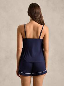 Women's British Style Navy Blue Contrast Trim Camisole & Shorts Pajama Set - Navy Blue - View 2