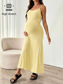 SHEIN Maternity Solid Color Mermaid Hem Fitted Camisole Dress - Yellow - View 8