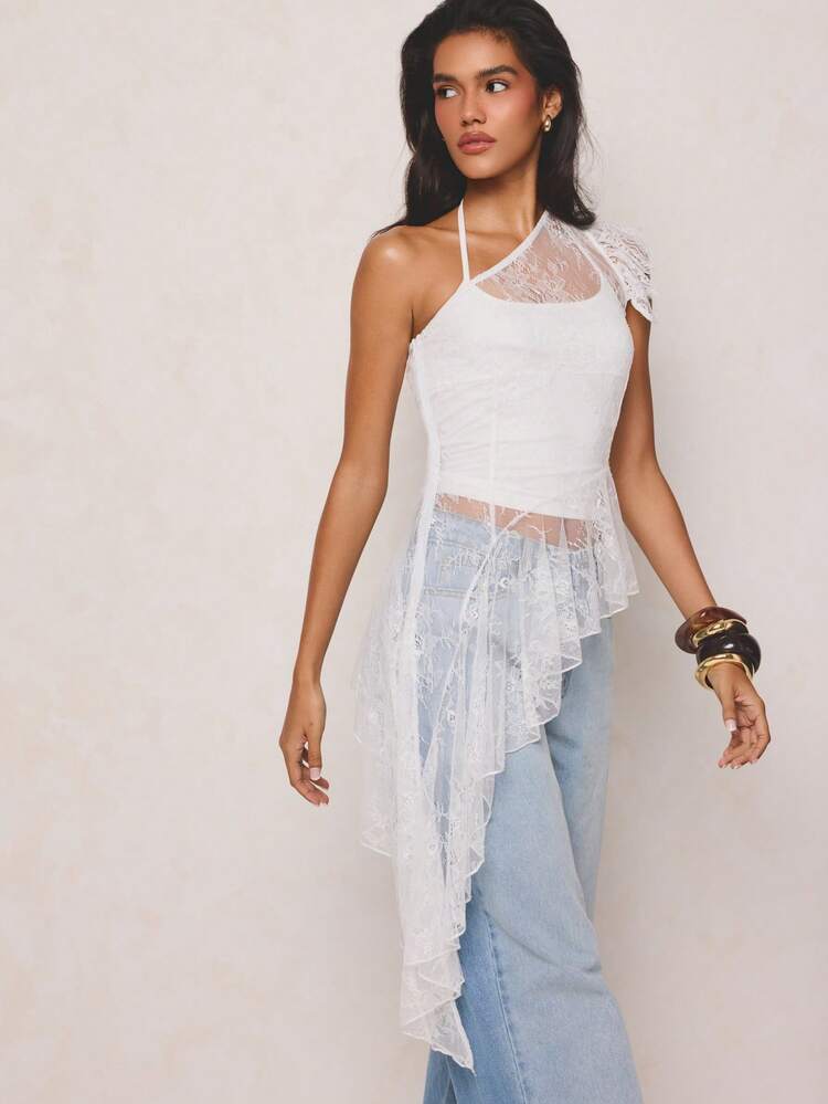 One Shoulder Lace Blouse With Ruffled Hem