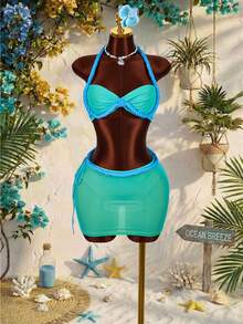 Amplova 两件套：绳结装饰露脐吊带上衣和超低腰迷你裙 - 藍色 - 查看 3