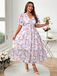 Roveilla Plus Size Elegant Floral Print Dress, Summer - Mauve Purple - View 5