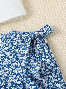 SHEIN 少女休闲简约舒适圆领无袖荷叶边下摆两件套 - 藍白色 - 查看 5