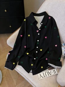 SHEIN Franclia Áo sơ mi dài tay dáng rộng thoải mái dành cho nữ - Nhiều màu - Xem 4