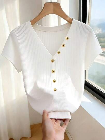 Franclia Women's Casual Button Decor Short Sleeve T-Shirt, Summer