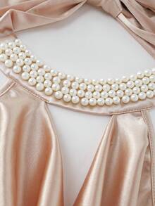 SHEIN Franclia Đầm dài thanh lịch dành cho nữ với cổ áo kiểu dây chuyền, đính hạt cườm, eo khoét sâu và thiết kế xếp ly. - Rượu sâm banh - Xem 6