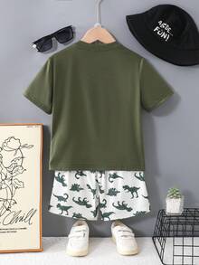 SHEIN 2pcs Young Boy Dinosaur Pattern Knit Soft Round Neck Short Sleeve Top And Elastic Waist Shorts Set - Multicolor - View 2