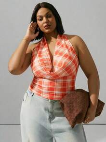 Hourglow 大码夏季休闲格子印花百搭T恤，夏季上衣，适合沙漏型身材 - 彩色 - 查看 7